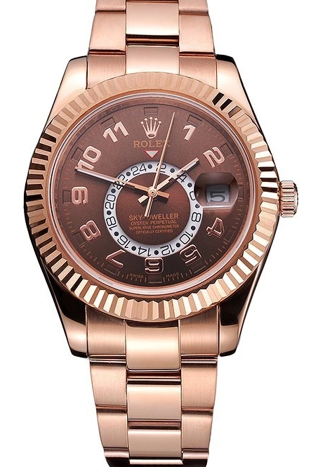 Aaa replica watch Dweller Strap Brown Sky Case Gold Dial Rose Rolex Leather Brown 0730
